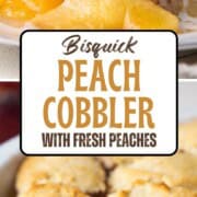 peaches with a biscuit topping, topped with a scoop of vanilla ice cream.