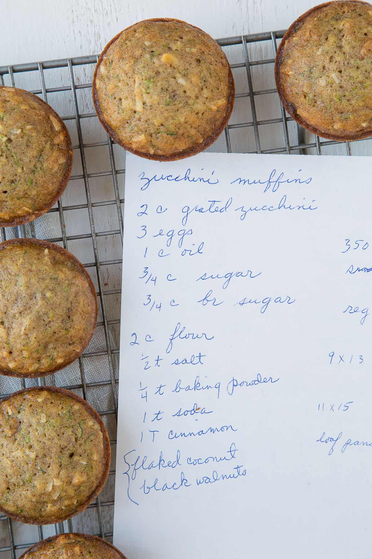 handwritten recipe for zucchini muffins.