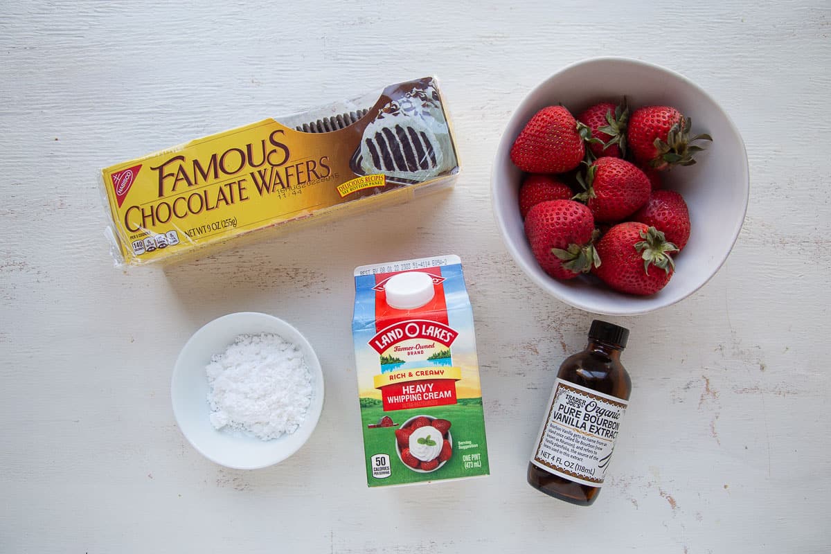 ingredients for icebox cake on a white table.
