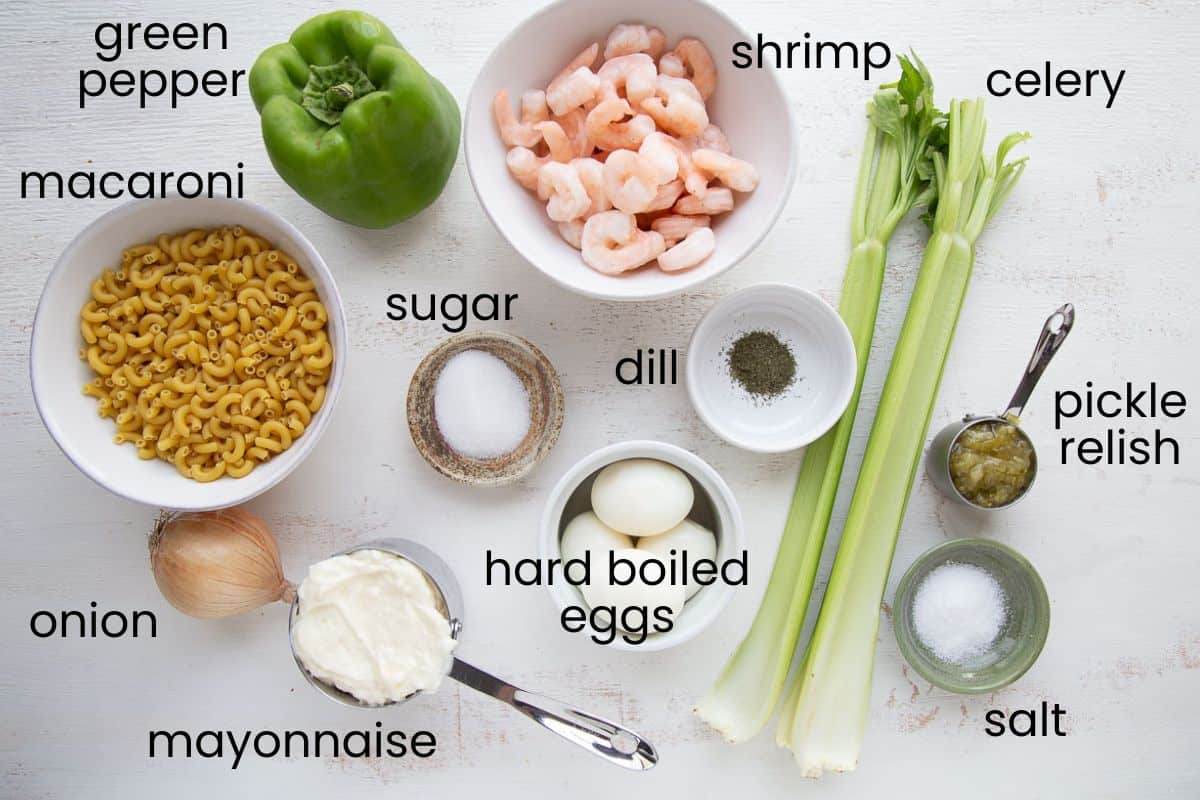 shrimp, macaroni, celery, green pepper, and other ingredients.