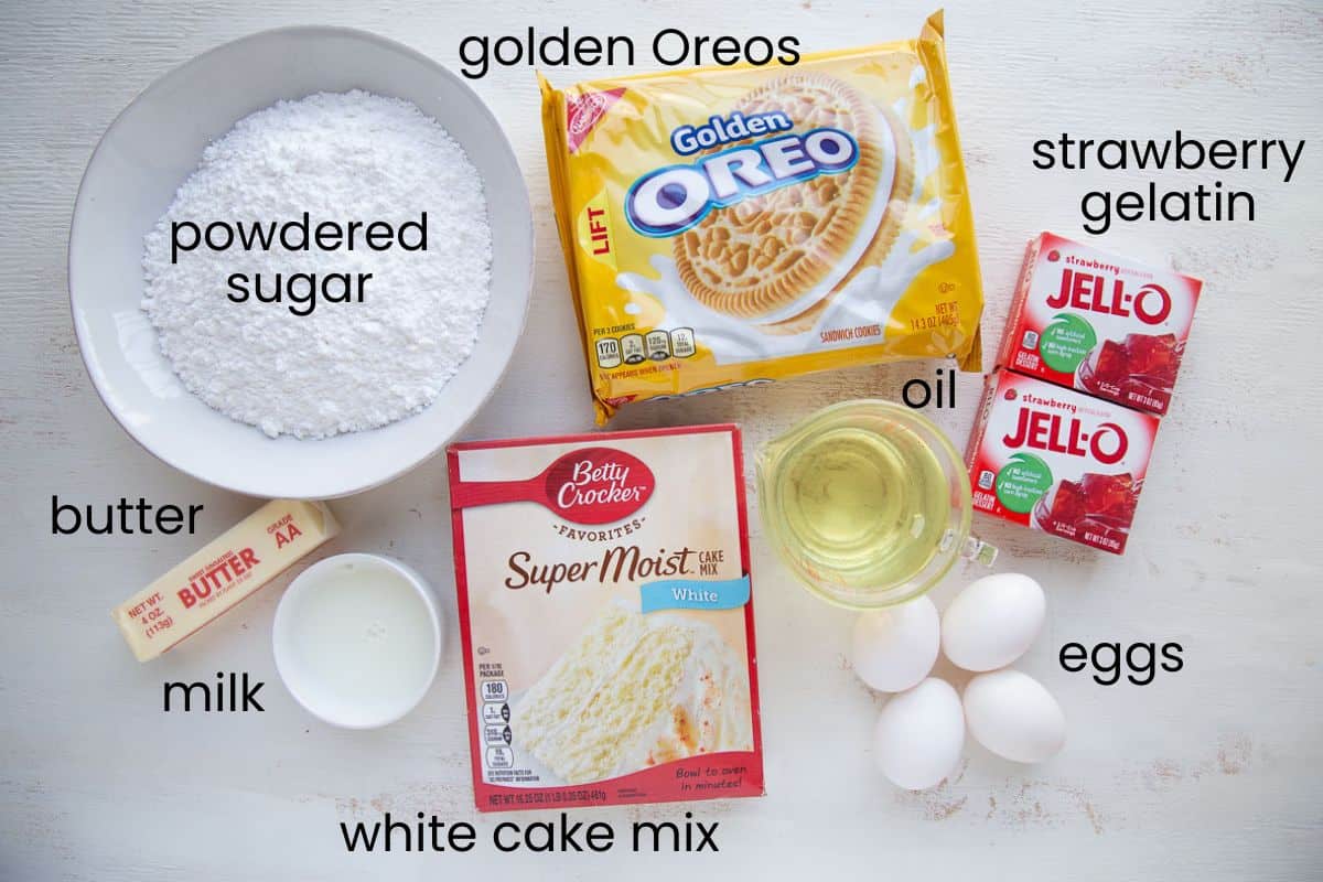 strawberry gelatin, white cake mix, and other ingredients.