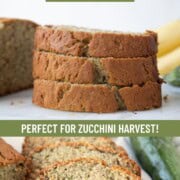 slices of zucchini banana quick bread on a platter.