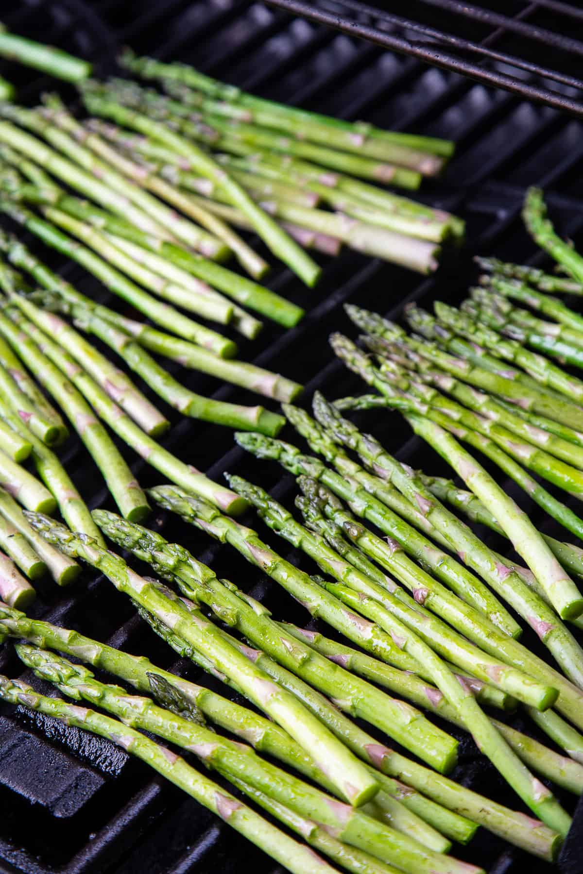 grilled asparagus on a gas grill.