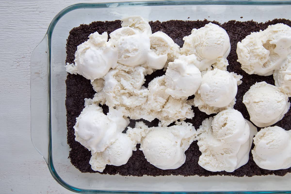 scoops of vanilla ice cream on top of an Oreo crust.