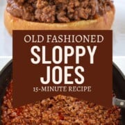 ground beef in a tomato bbq sauce, both in a skillet and on a bun.