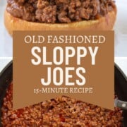 ground beef in a tomato bbq sauce, both in a skillet and on a bun.