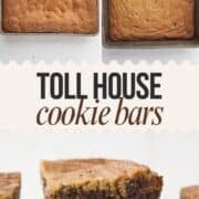 chocolate chip cookie bars in various pan sizes like 13x9 and 9x9.
