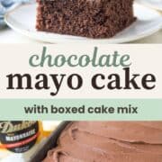 whole chocolate mayo cake with chocolate frosting and also a slice of the cake on a plate.