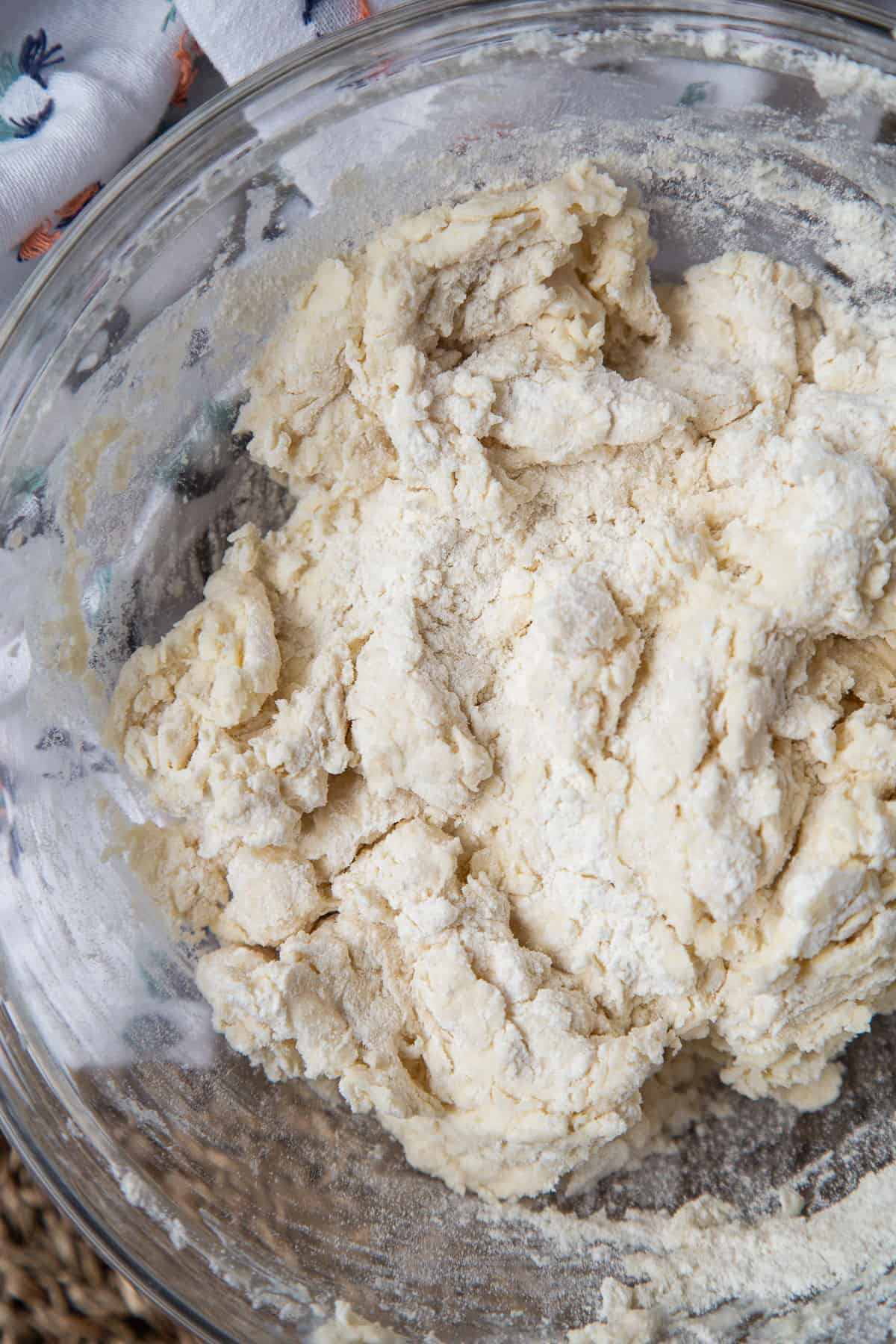 biscuit dough in a glass bowl.