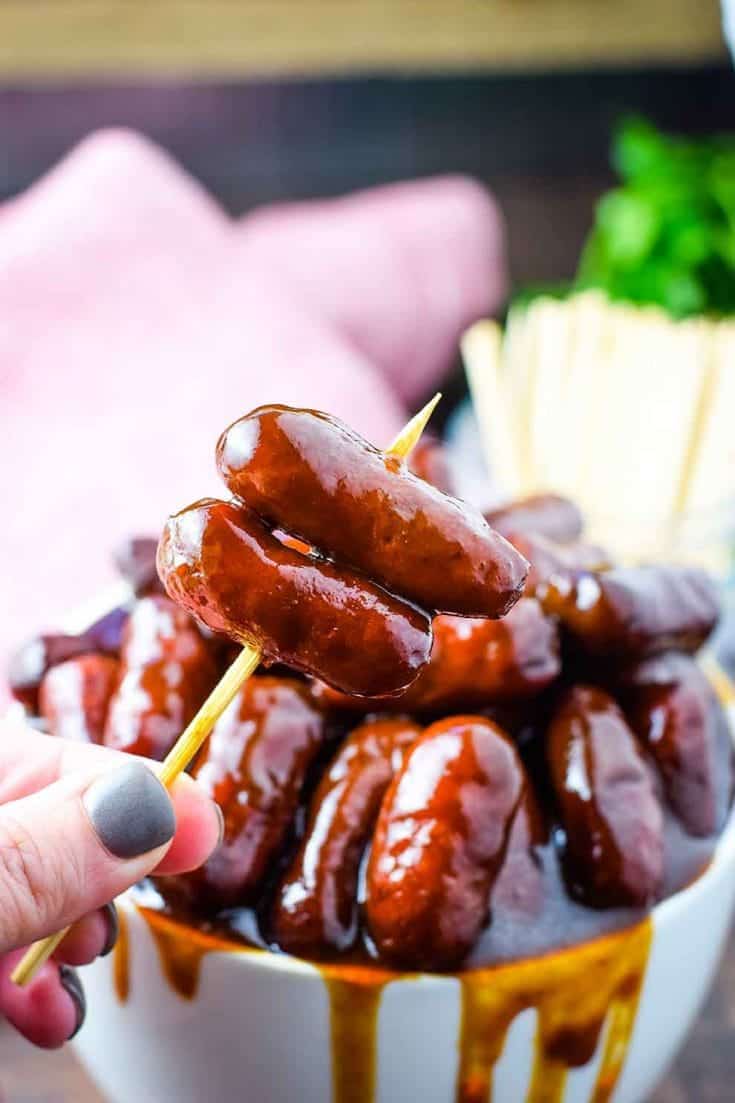 little smokies on a toothpick, drenched in a bbq glaze.