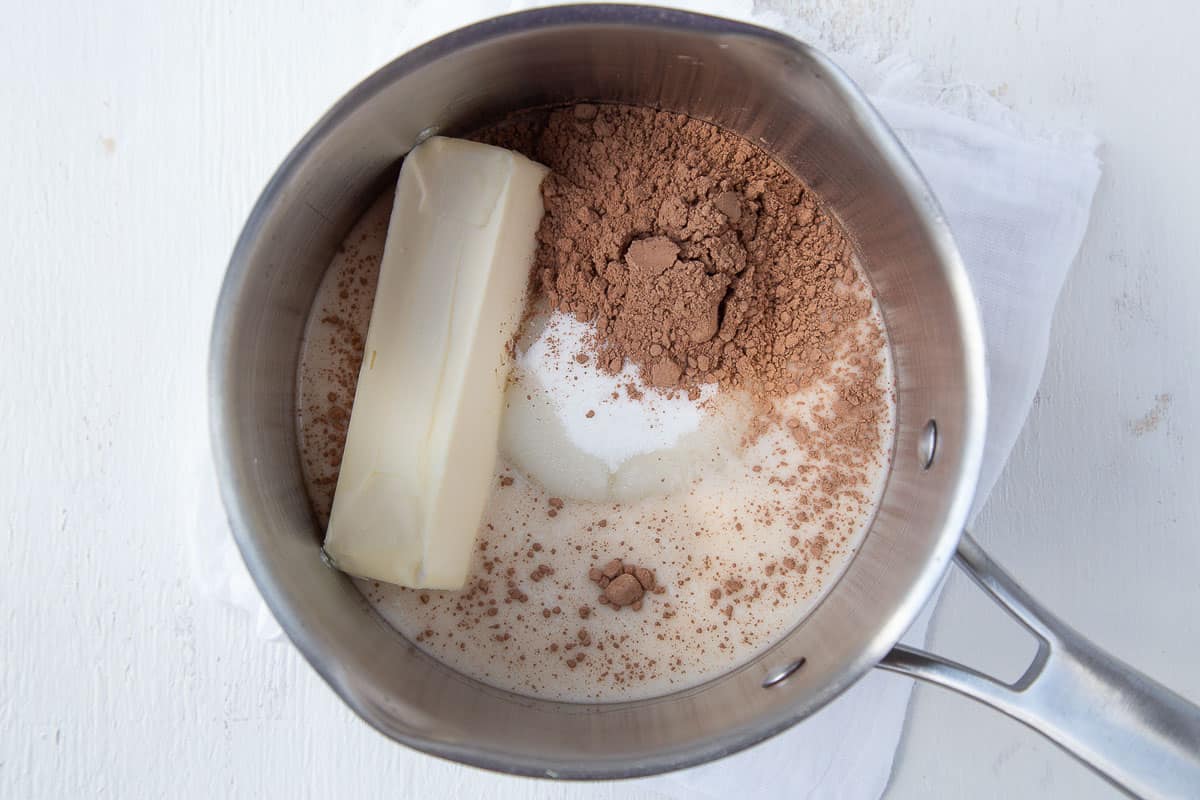 butter, cocoa powder, and sugar in a saucepan.