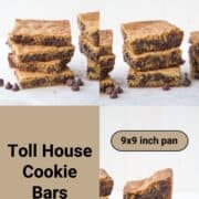 toll house cookie bars of varying thicknesses on a white platter.
