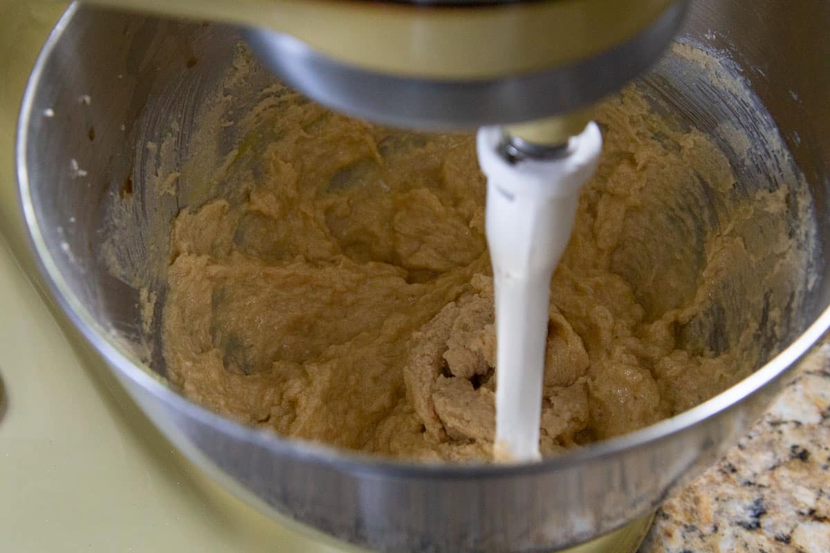 butter and sugar creamed in a stand mixer fitted with a paddle attachment.