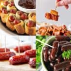 4 images of little smokies with different preparations, including pigs in a blanket and glazed on a toothpick.