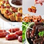 4 images of little smokies with different preparations, including pigs in a blanket and glazed on a toothpick.