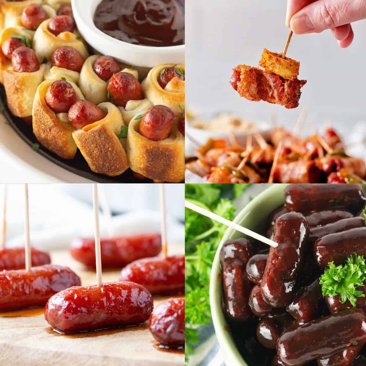 4 images of little smokies with different preparations, including pigs in a blanket and glazed on a toothpick.