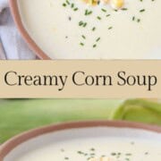 bowl of creamy soup topped with corn and chives.
