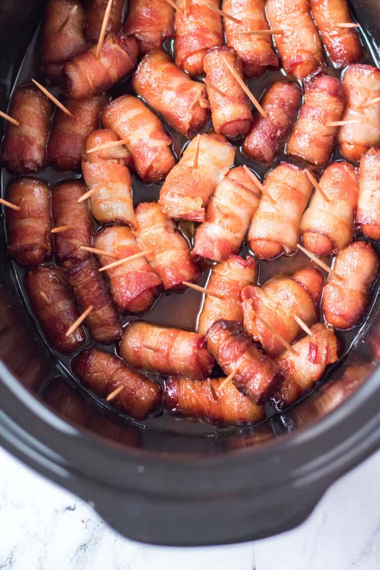 bacon wrapped sausages in a crockpot.