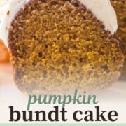 slice of pumpkin bundt cake with cream cheese frosting.