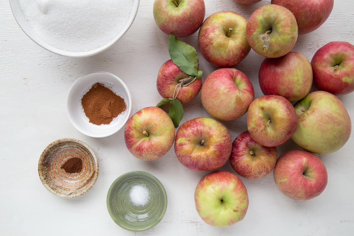 apples, sugar, and warm spices on a white table.