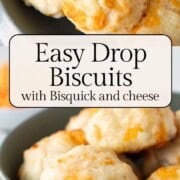 small round drop biscuits with cheddar cheese in a green bowl.