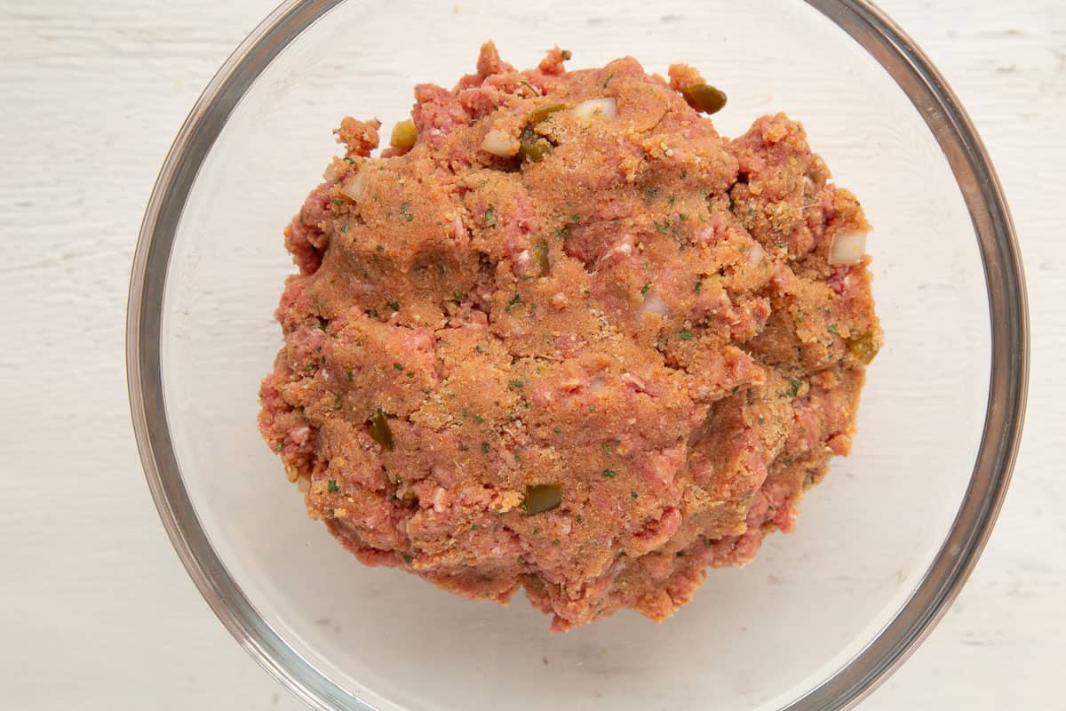 ground beef filling in a glass bowl.