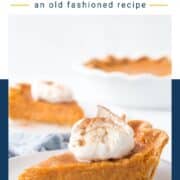 slice of sweet potato pie topped with whipped cream and cinnamon on a white plate.