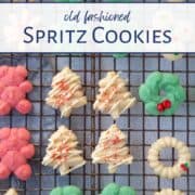 a variety of spritz cookies on a wire rack.