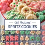 a variety of spritz cookies on a white platter and on a wire rack.