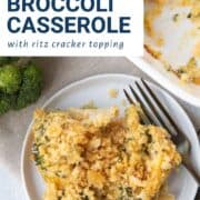 scoop of cheesy broccoli casserole topped with cracker crumbs on a white plate with a fork.