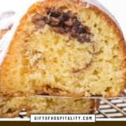 slice of bundt cake with cinnamon pecans in the center.