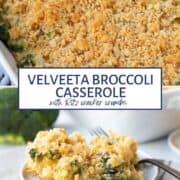 scoop of velveeta broccoli casserole on a white plate.