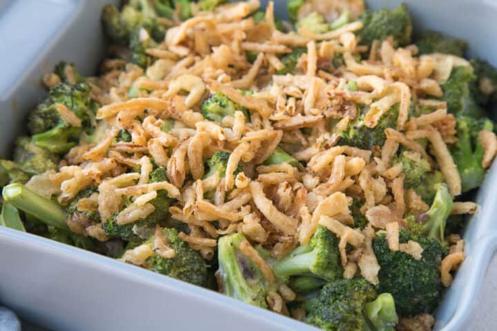 broccoli casserole topped with fried onions.