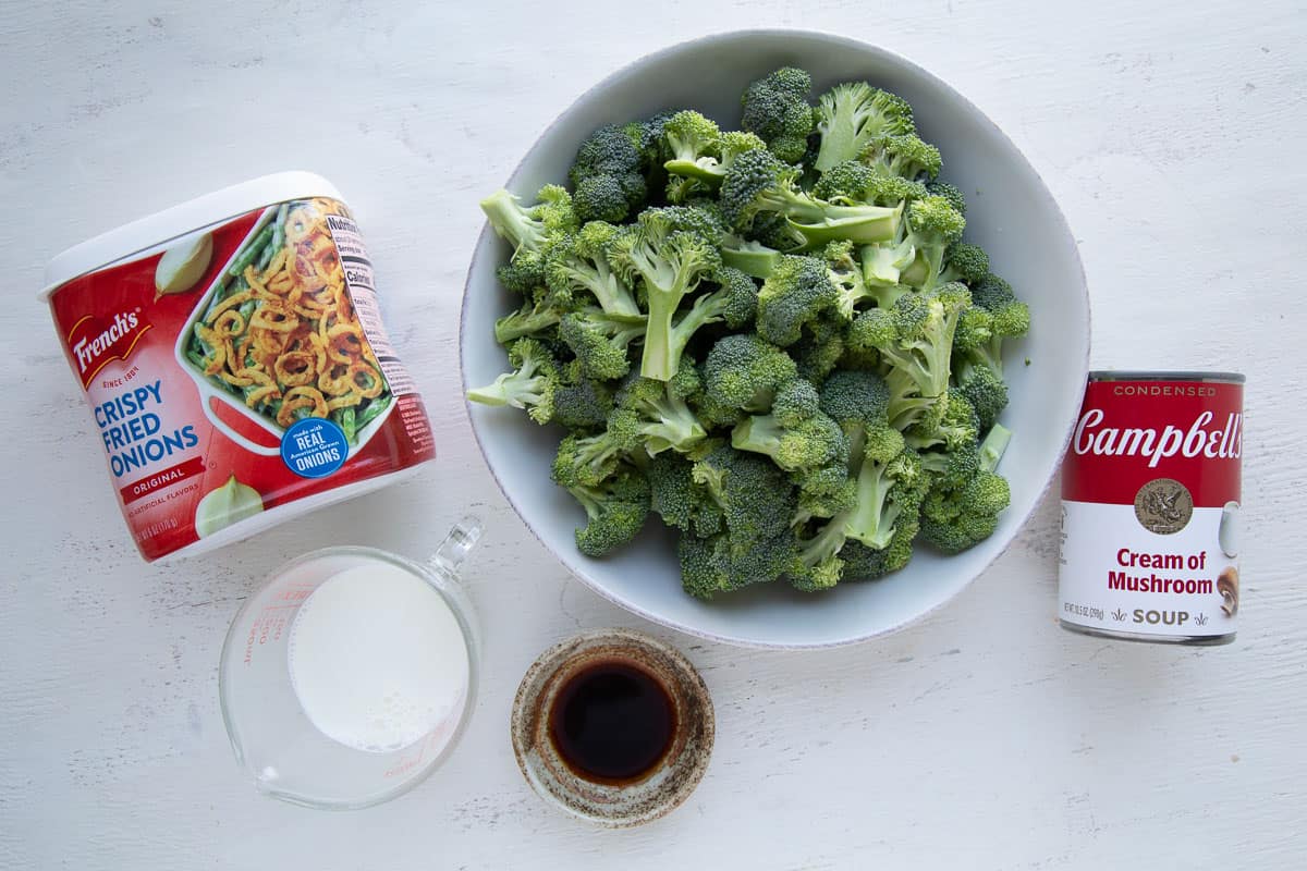 broccoli, fried onions, milk, a can of soup, and a little dish of soy sauce.