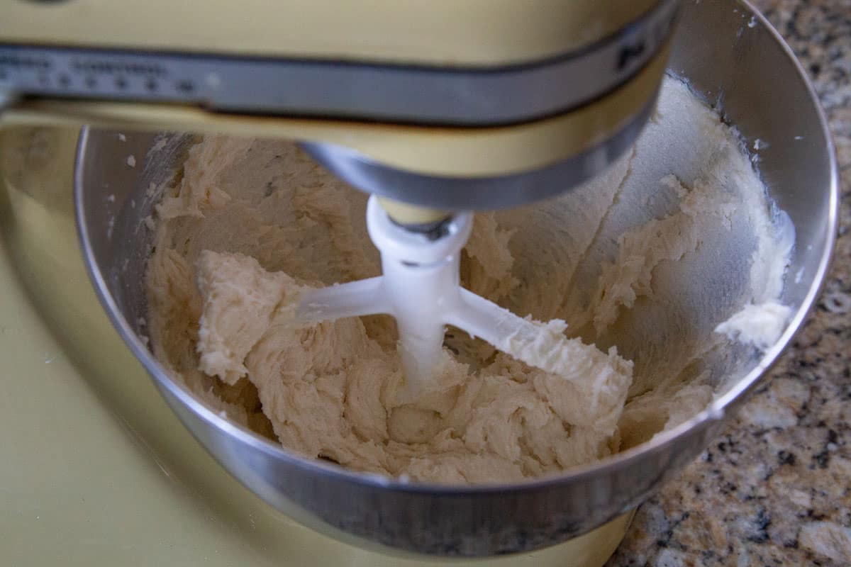 butter and sugar creamed together in a stand mixer.