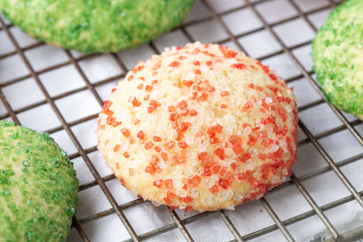 sour cream cookies covered in red and green sanding sugar. 