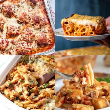 four different photos of baked ziti in casserole dishes and on plates.