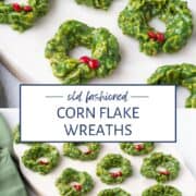 corn flake wreaths with red M&Ms for holly on a white platter.