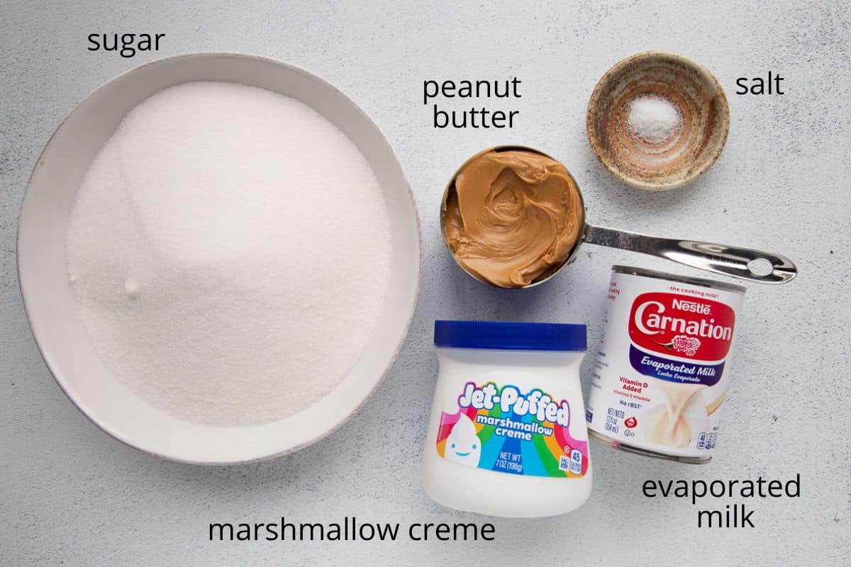 sugar, marshmallow creme, evaporated milk, peanut butter, and salt on a white table.