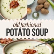 bowl of potato soup topped with chopped bacon and chopped parsley.