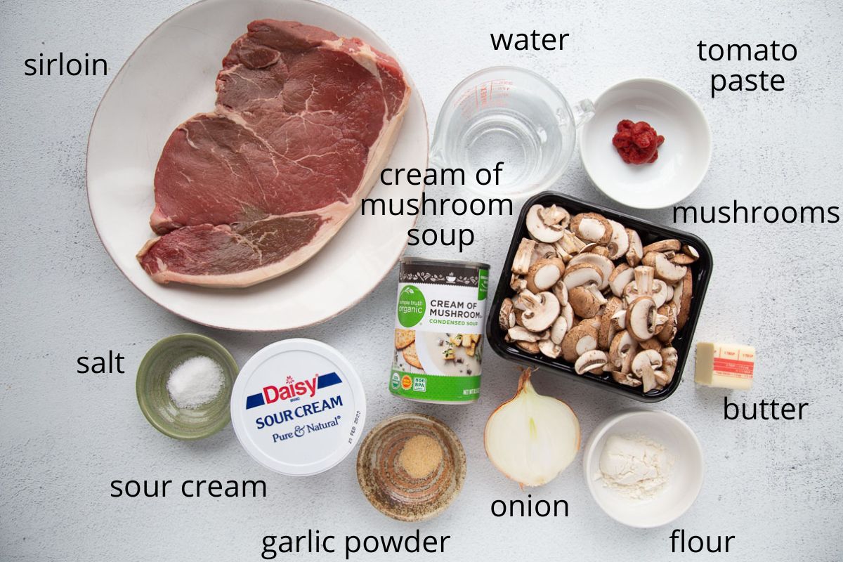 ingredients for beef stroganoff on a white table.