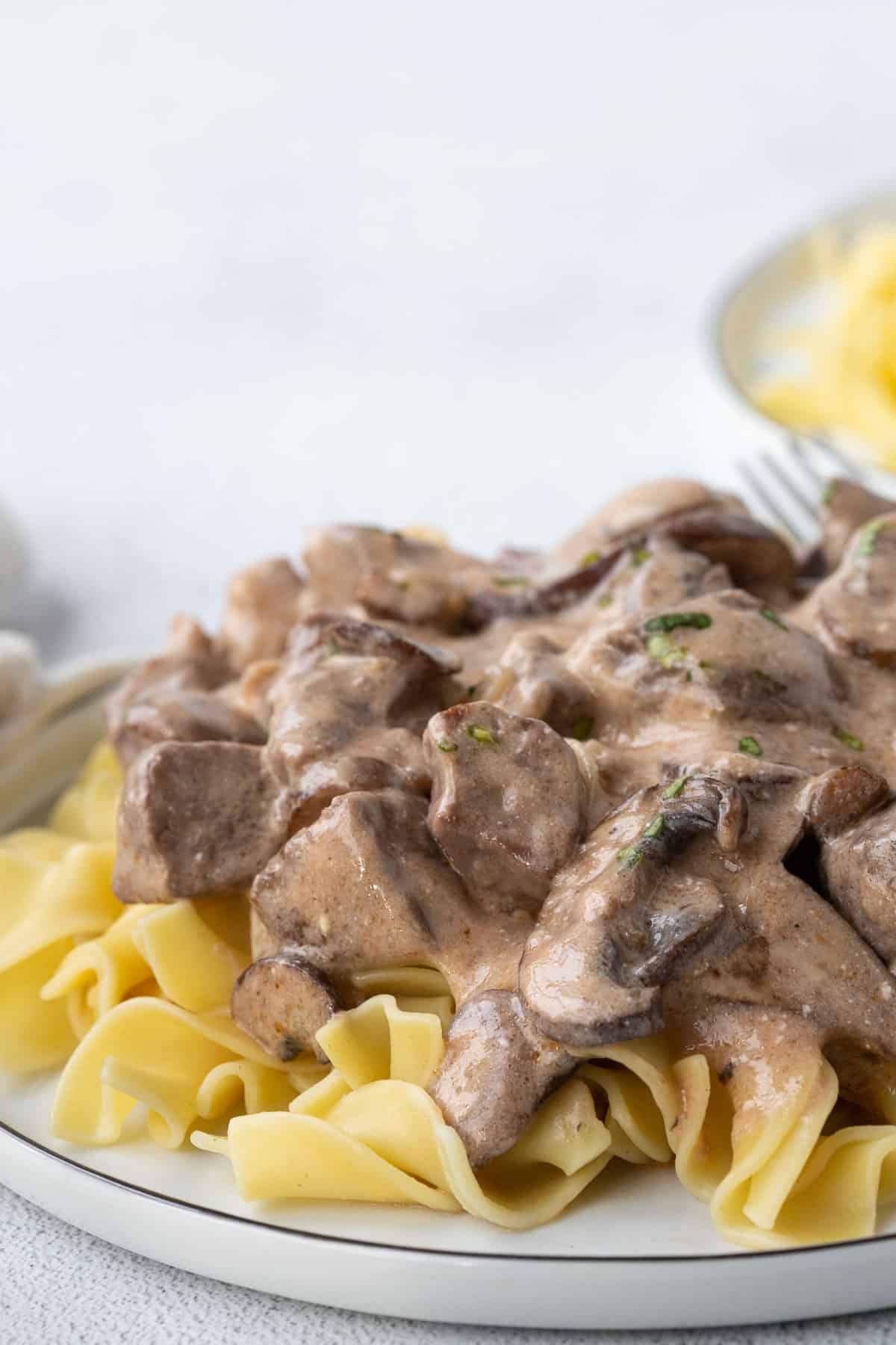 beef stroganoff over egg noodles on a white plate.