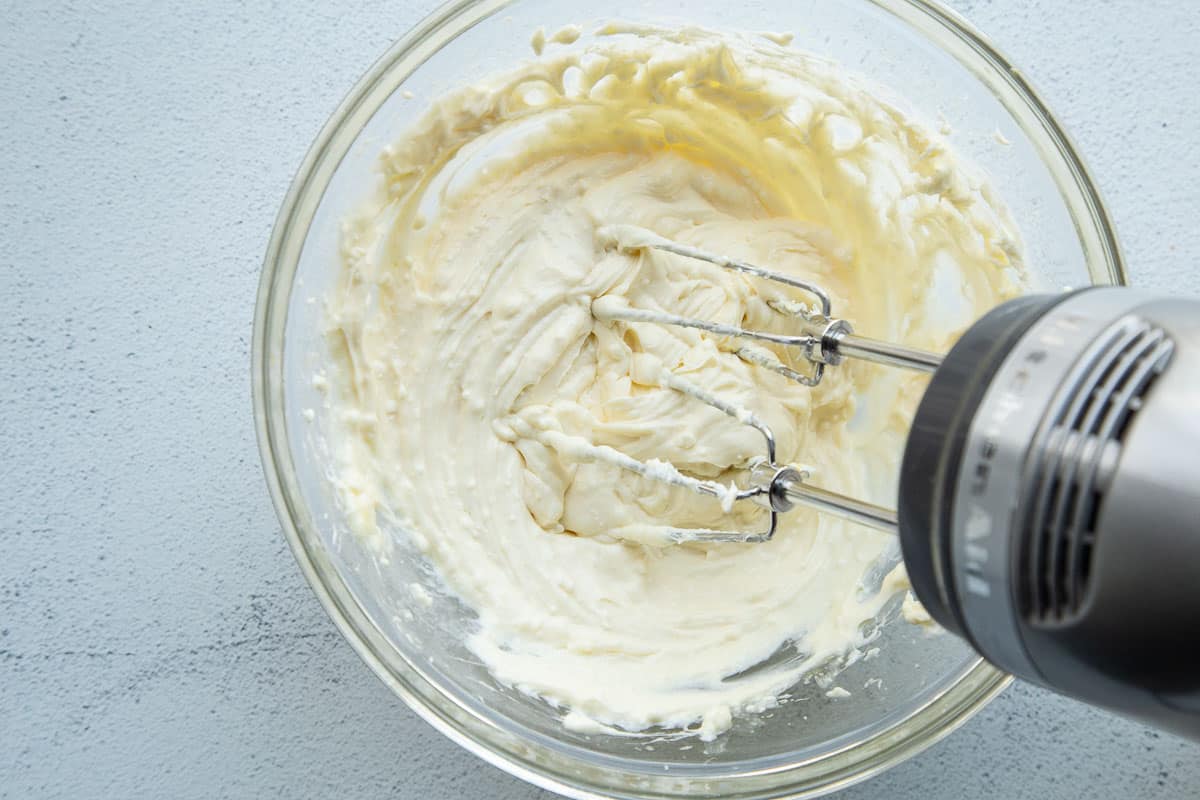 cream cheese mixture in a glass bowl.