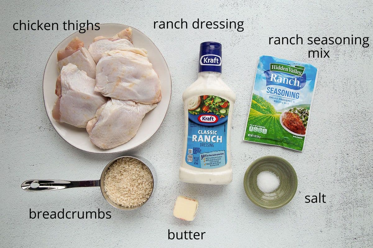 ingredients for ranch chicken on a white table.