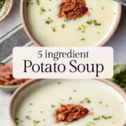 a bowl of potato soup topped with crumbled bacon.