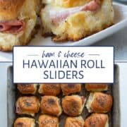 hawaiian roll sliders both on a white platter and in a metal baking dish, topped with poppy seeds.