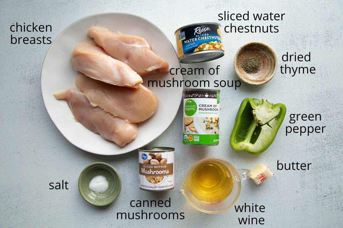 chicken breasts, cream of mushroom soup, and other ingredients on a white table.