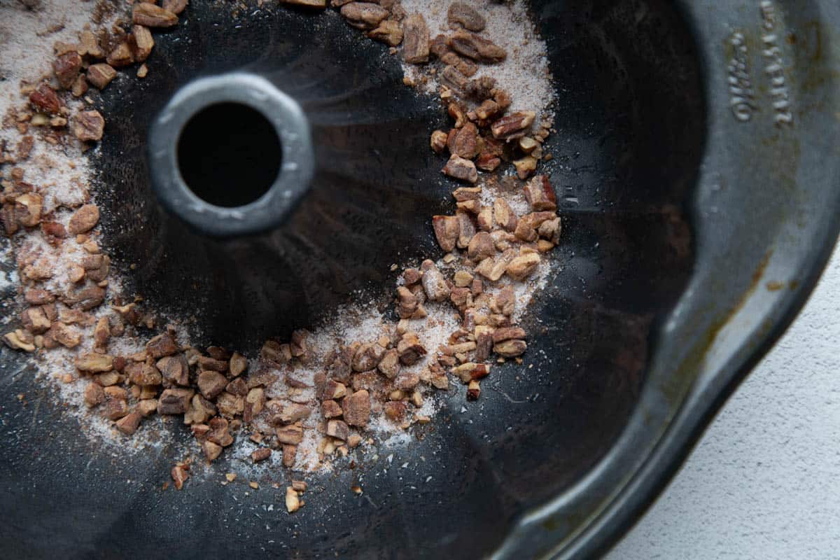 pecan streusel in the bottom of a greased bundt pan.