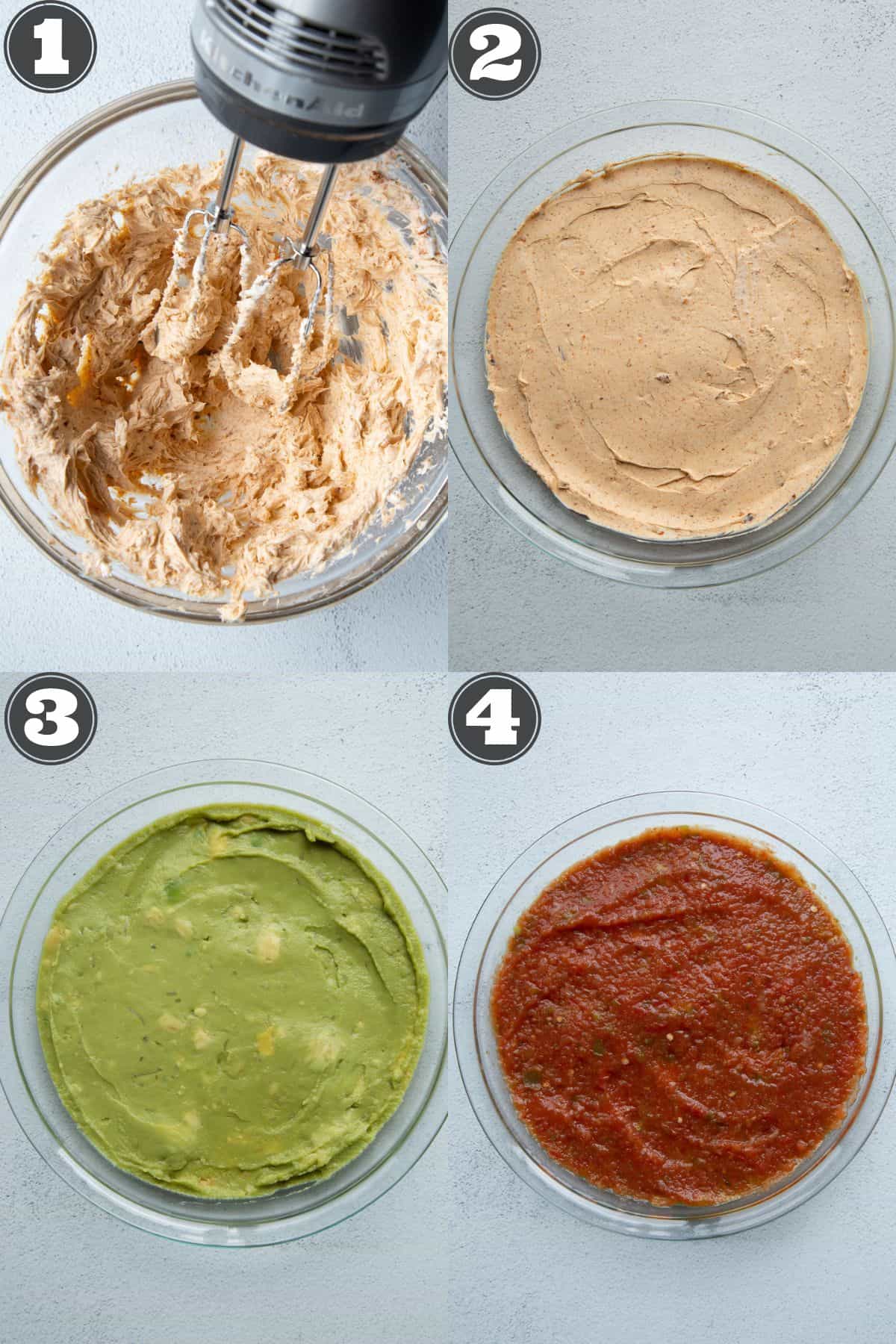 step-by-step photos of a layered taco dip, with a cream cheese layer, a guacamole layer, and a salsa layer.