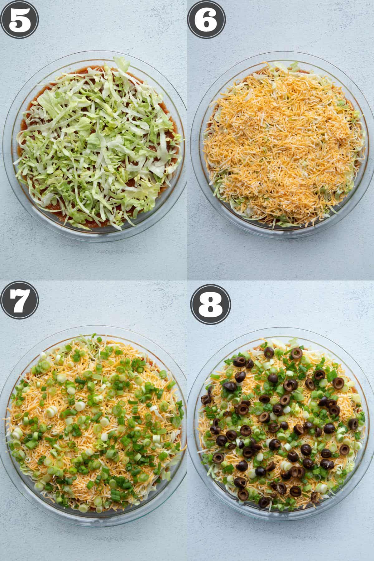 various stages of assembling taco dip with lettuce, cheese, green onions, and black olives.